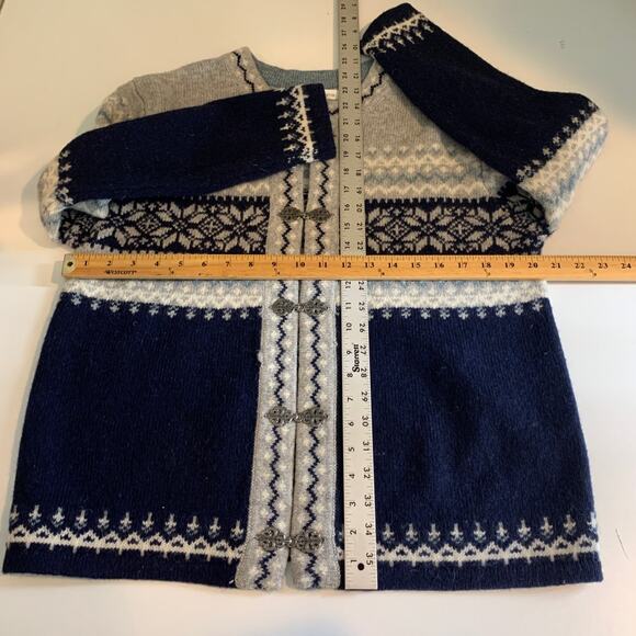 Susan Bristol Cardigan Womens M Medium Grey Navy Fair Isle Wool Metal Clasps - Picture 10 of 14